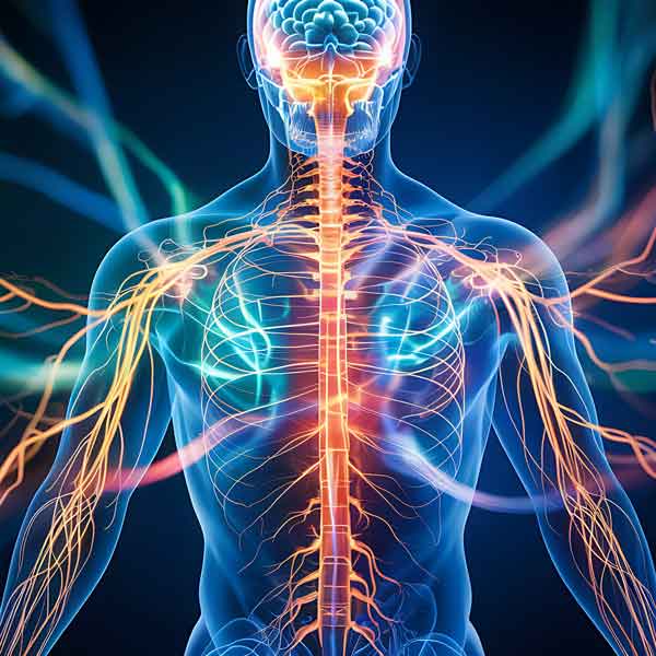 Illustration of the human nervous system, from the brain down the spinal cord and out through the body