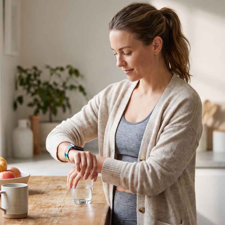 Woman in her kitchen checking her heart rate on a wrist tracker